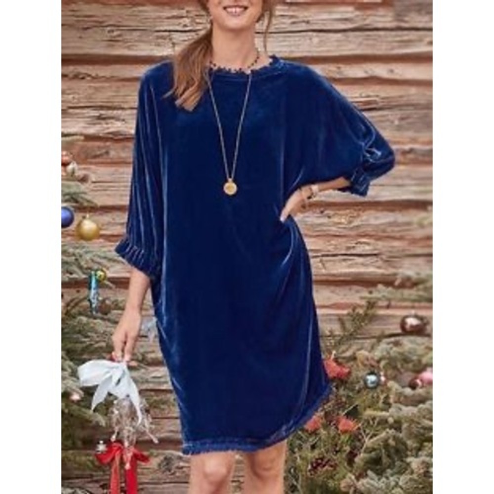 Sundance Navy Blue Silk Blnd Velvet Fringe Shift Dress XL Oversized Fall Holiday